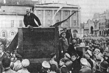 Vladimir "Ulyanov" Lenin giving a speech during the second Russian Revolution, also known as The October Revolution