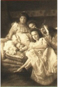 Grand Duchesses Olga, Tatiana, Maria and Anastasia with their baby brother Tsarevich Alexei