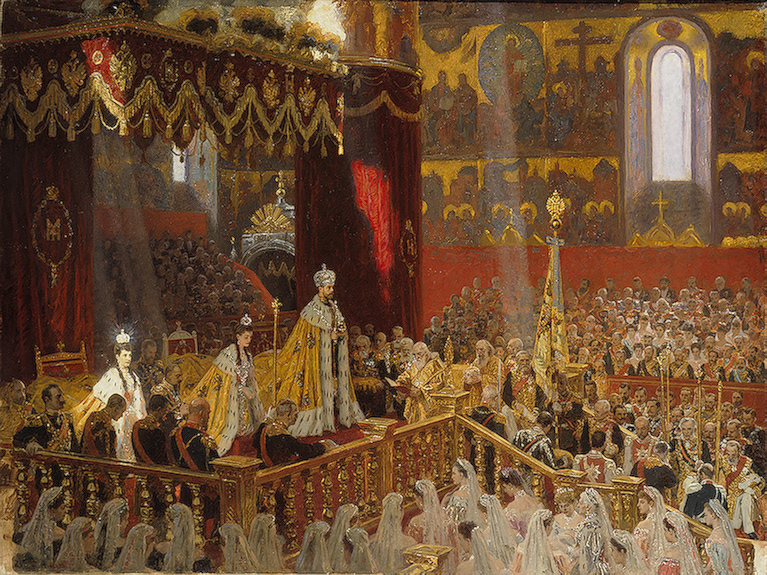 A contemporary artist's depiction of the coronation of the new (and last) Romanov Dynasty Tsar - Nicholas II and his wife Alexandra. 