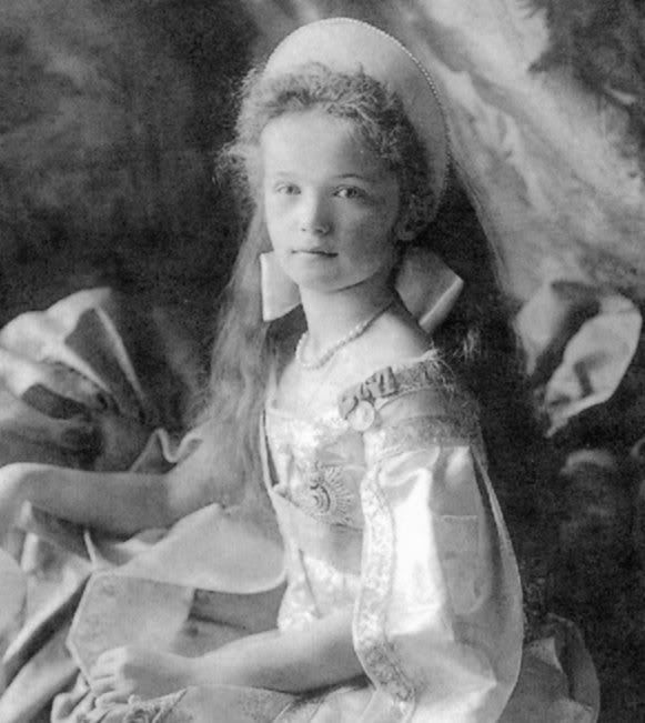 Little Grand Duchess Olga Nikolaevna wearing Russian court dress in 1904.