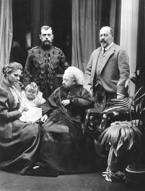 The Romanov family with their new baby Olga with her great-grandmother, Queen Victoria.