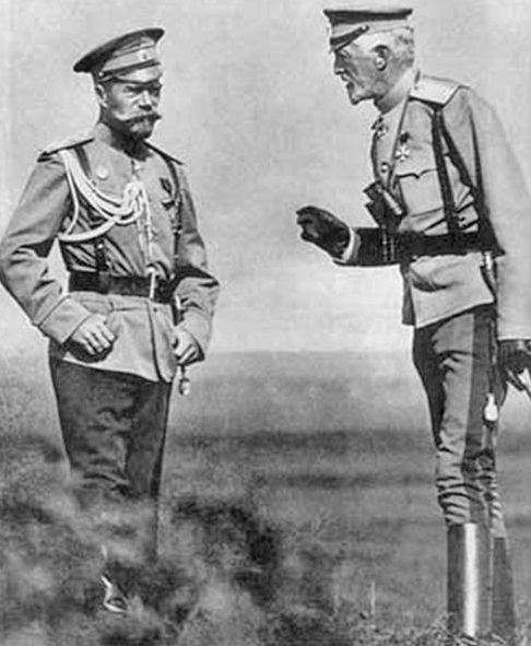 Tsar Nicholas II with his tall cousin Grand Duke Nikolai Nikolaevich, whose title of Commander-in-Chief the Tsar took over in 1915. 