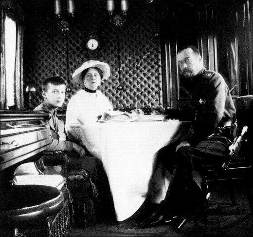 Empress Alexandra, Tsar Nicholas II and Tsarevich Alexei inside the Romanov family train