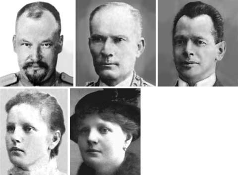 Dr Evgeni Botkin, Footman Trupp, kitchen head Kharitonov. The last two photos are of the Romanov family maid Anna Demidova. 