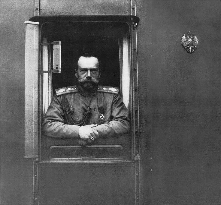 Tsar Nicholas II looking out of the window of the Romanov family imperial train