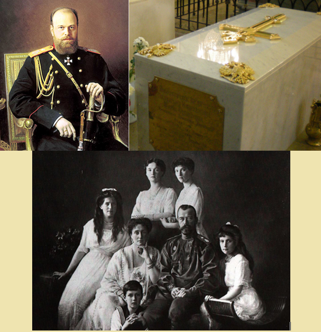 Top: Tsar Alexander III and his tomb in St Peter and Paul Cathedral. Bottom: Nicholas II and his family. 