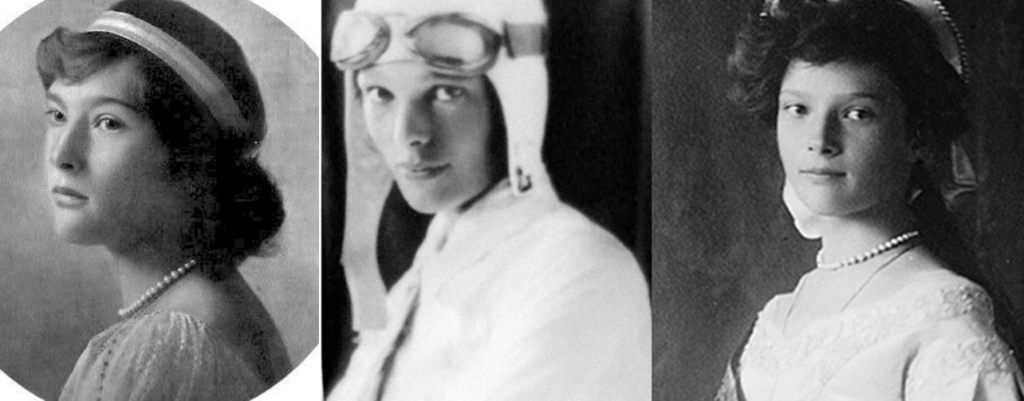 Center: Amelia Earhart (born July 1897 In the United States). Left and right: Tatiana Romanov (born June 1897 in Russia)