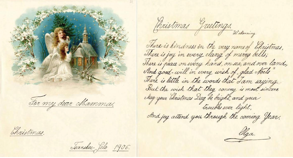 1906 Christmas card from Olga Romanov to her "Mama", in English. 