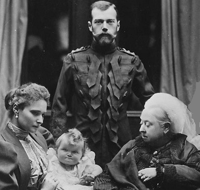 Tsar Nicholas II, Empress Alexandra and baby Grand Duchess Olga with Queen Victoria in England. 