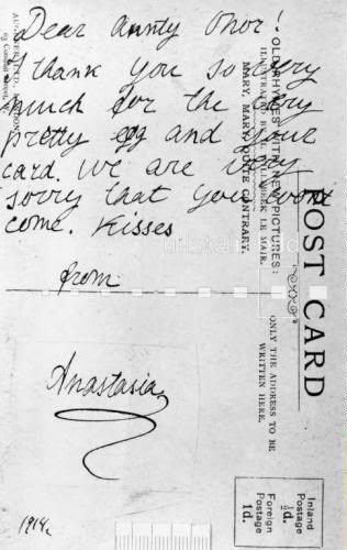 1914 postcard from Anastasia Romanov to her Aunt Eleonor of Hesse